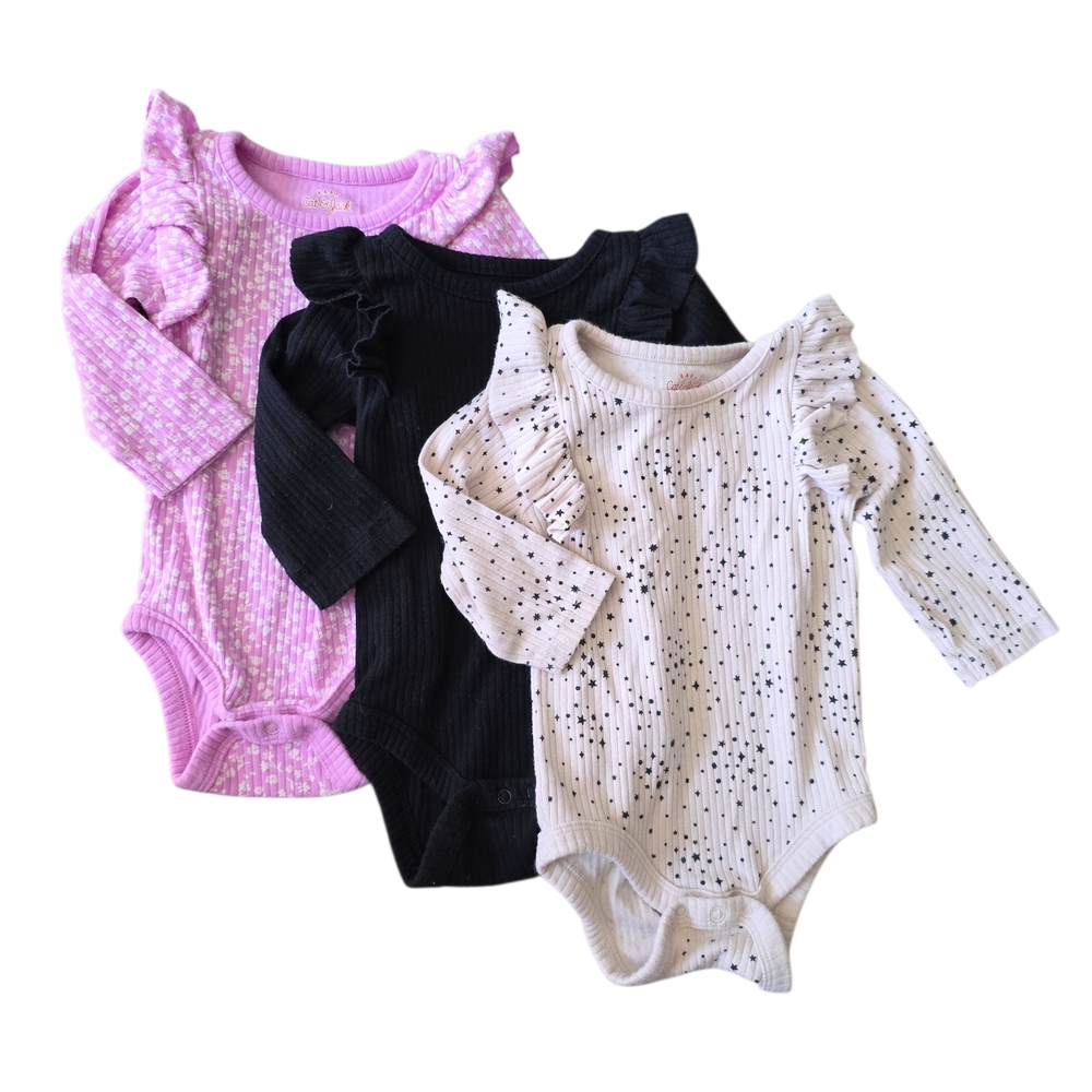 Baby Cat & Jack  Soft  Long Sleeve Bodysuit Set Of 3 Euc Size 0-3mo